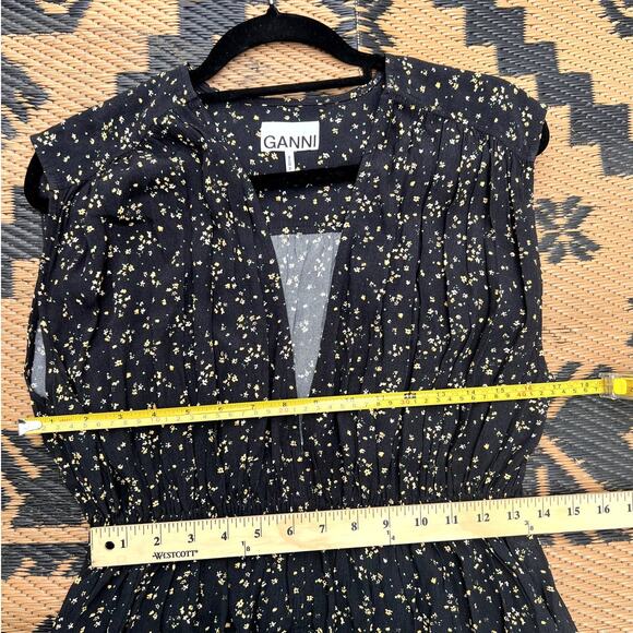 GANNI | Floral Printed Crepe Plunging Midi Dress in Black Size 34 US 2 - Picture 7 of 9